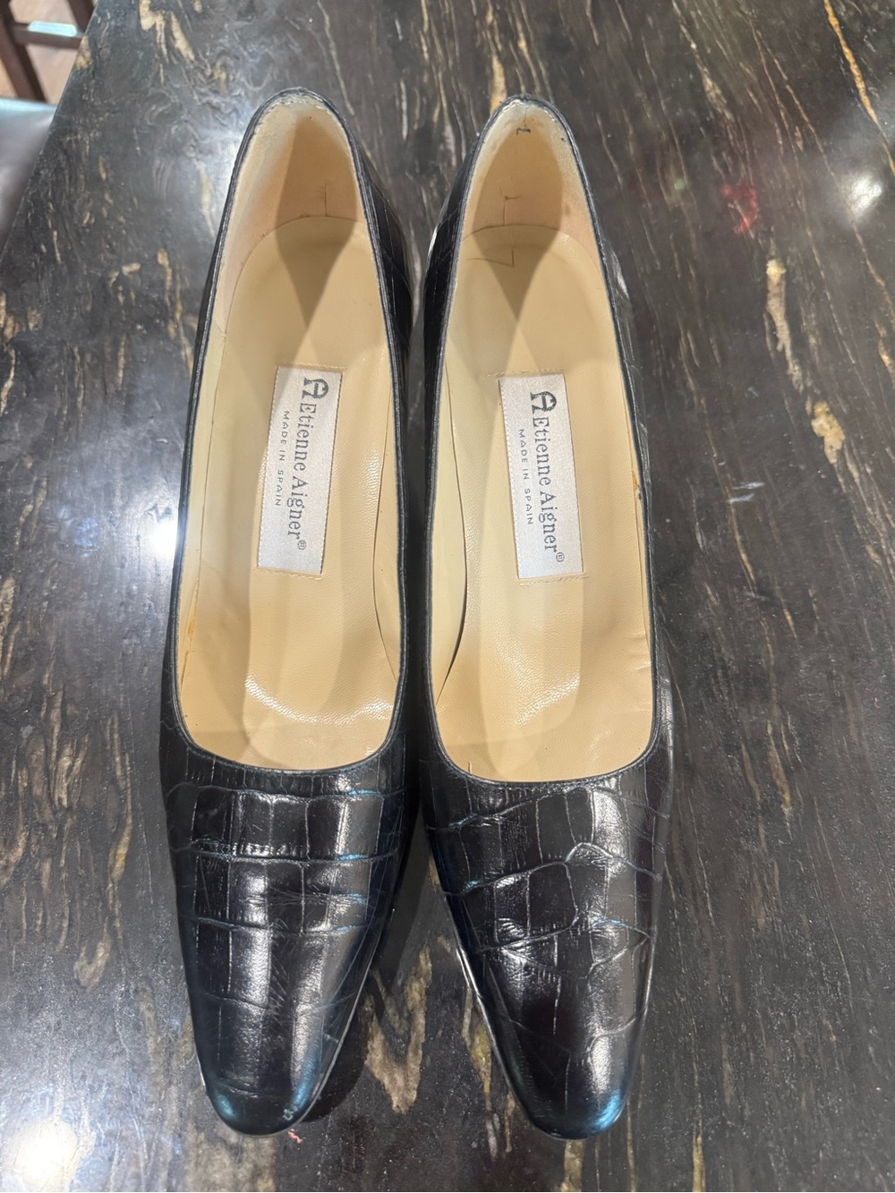 Etienne Aigner Black Croc-Embossed Leather Women's Flats
